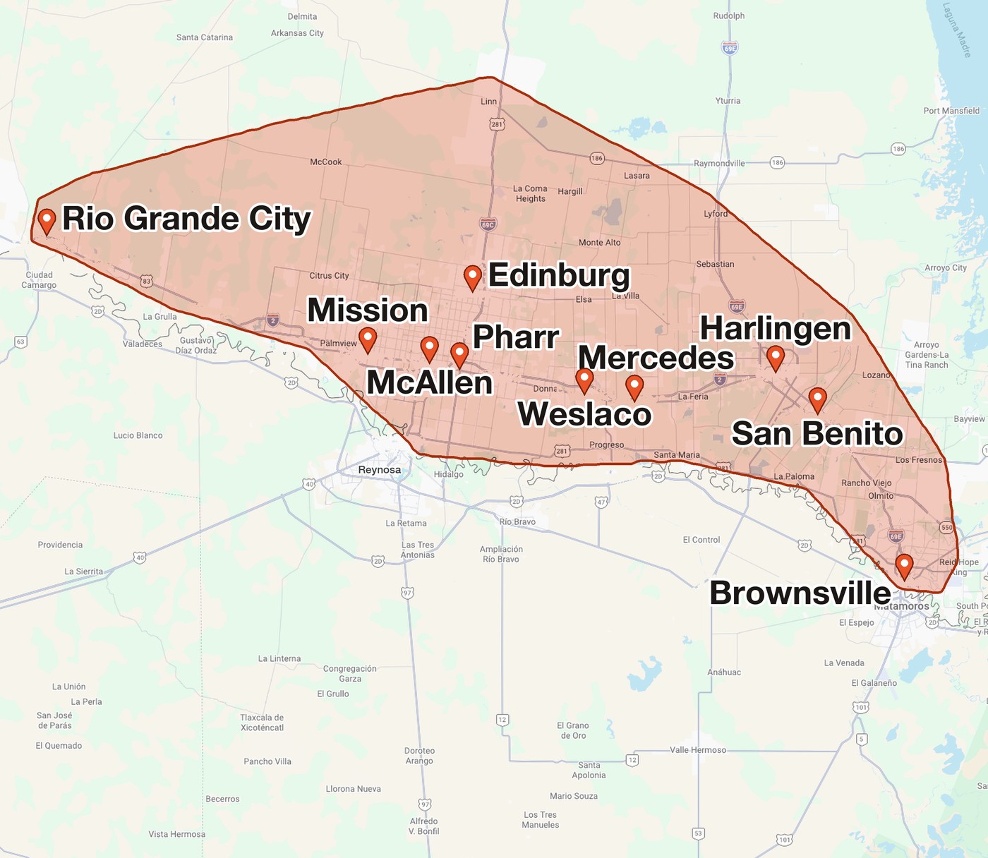 Rockin JL Waste Management service area map covering Rio Grande City to Brownsville